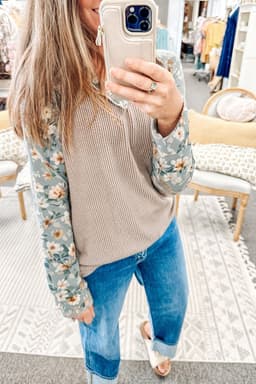 image-Parchment Twist Ribbed Floral Patchwork Top