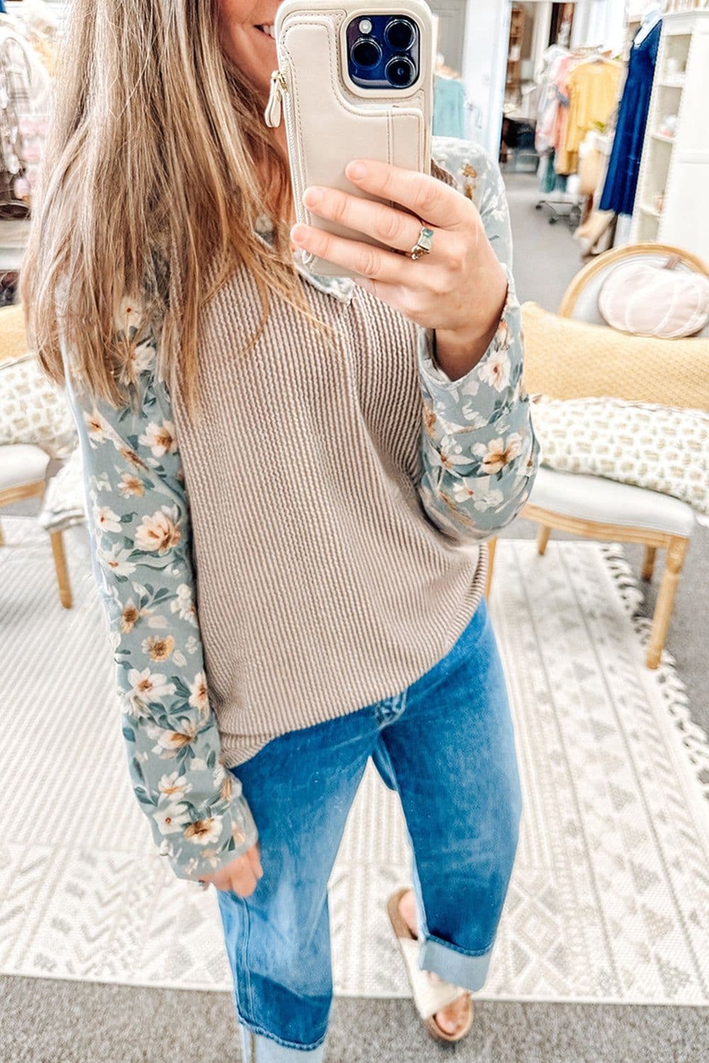 image-Parchment Twist Ribbed Floral Patchwork Top