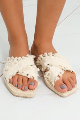 image-Woven Tassel Flat Slippers - Beige Crossed Straps