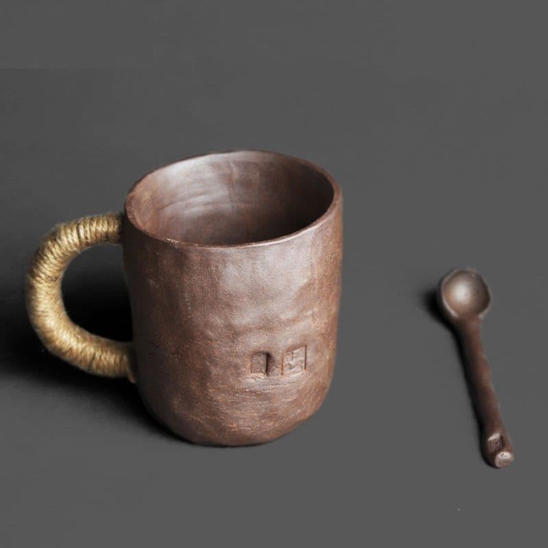 image-Rock Mine Clay Hand-pinching Craft Large Master Water Cup Retro Stoneware Matching Small Soup Spoon