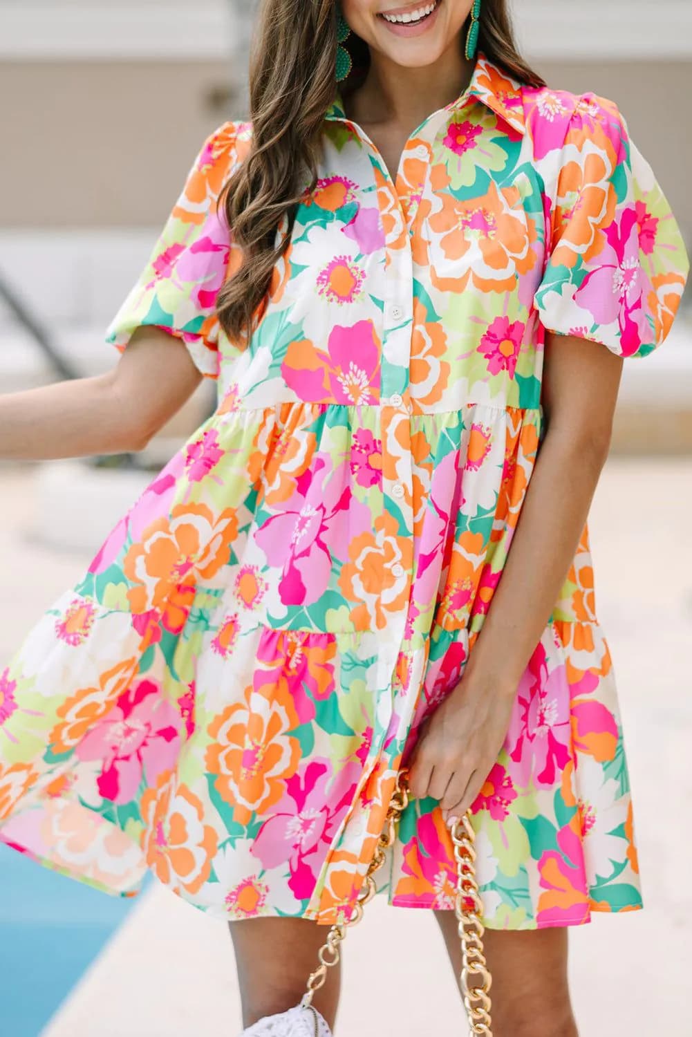 image-Pink Floral Puff Sleeve Collar Buttoned Babydoll Dress