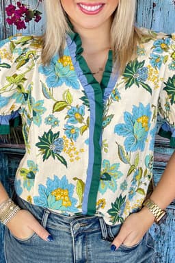 image-Sky Blue Plus Size Frilled V Neck Short Sleeve Floral Blouse