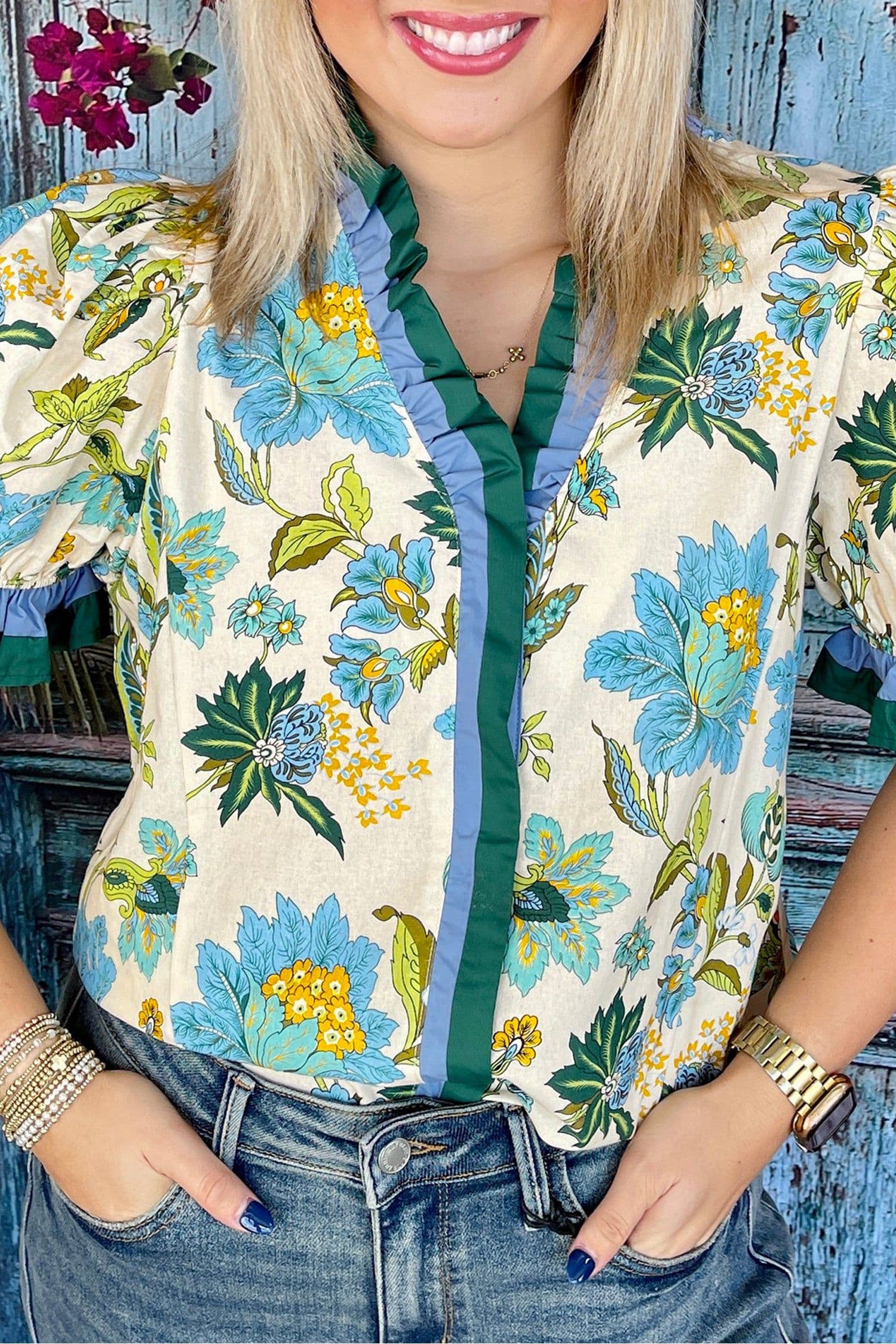 image-Sky Blue Plus Size Frilled V Neck Short Sleeve Floral Blouse
