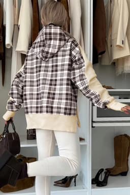 image-Beige Plaid Patchwork Hoodie Side Slit