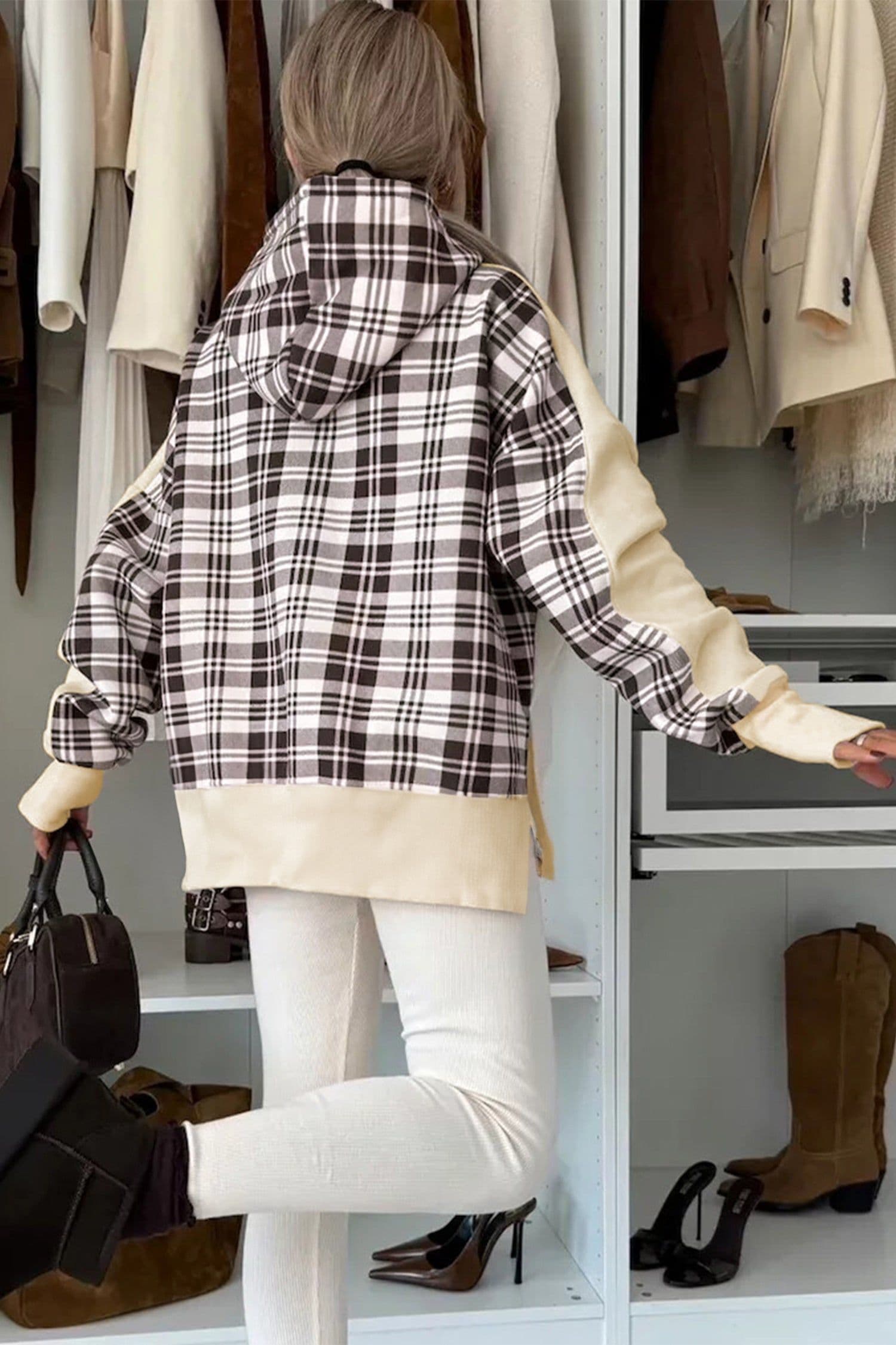 image-Beige Plaid Patchwork Hoodie Side Slit