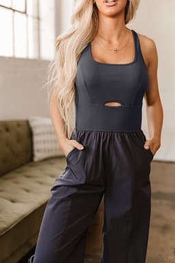 image-Carbon Grey Hollow Out Jogger Jumpsuit with Crossed Straps