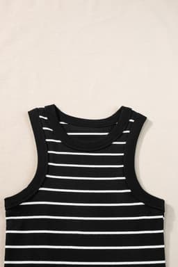 image-Black Stripe Ribbed Knit Mini Dress - Chic Silhouette, Sleeveless