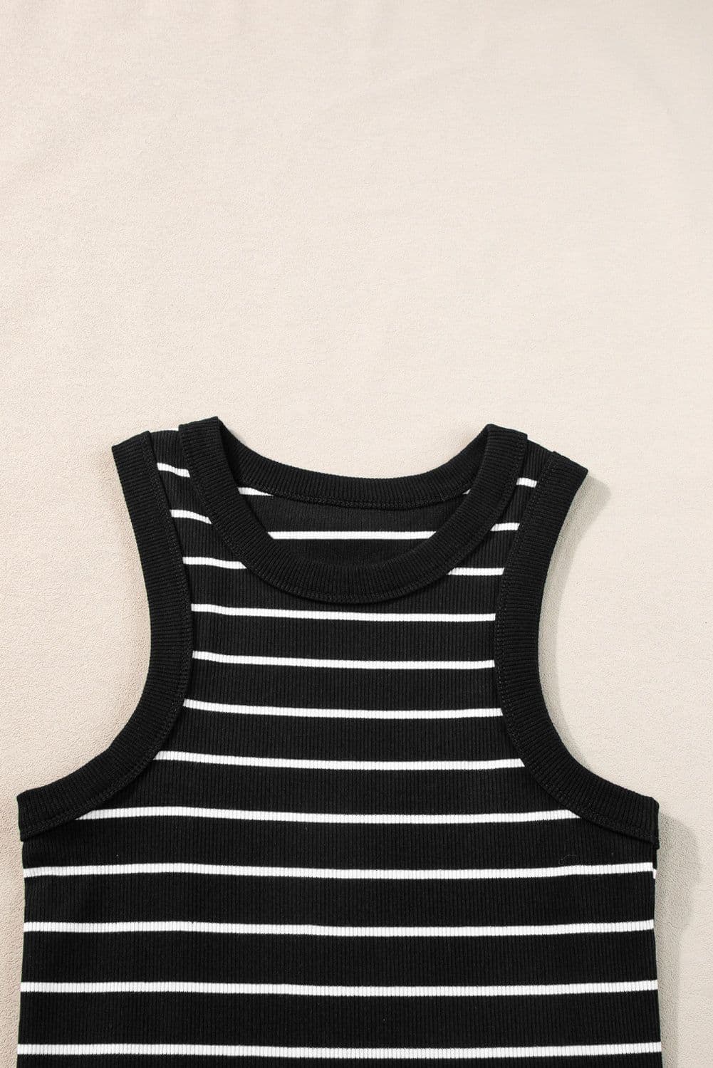 image-Black Stripe Ribbed Knit Mini Dress - Chic Silhouette, Sleeveless