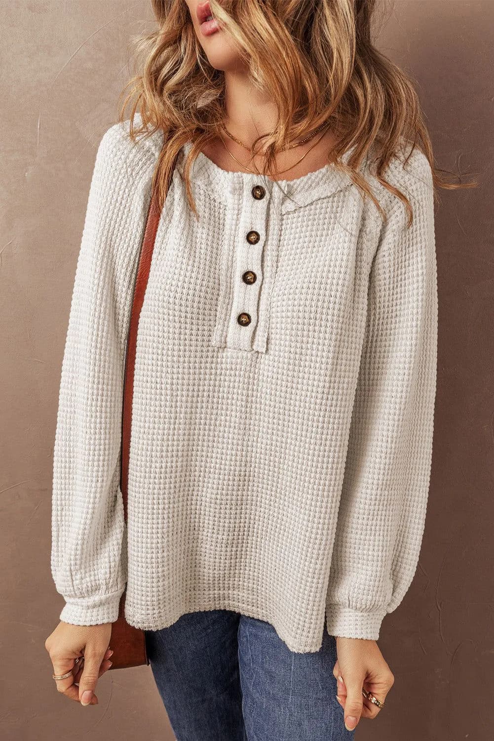 image-Oatmeal Knit Buttoned Front Raglan Loose Blouse