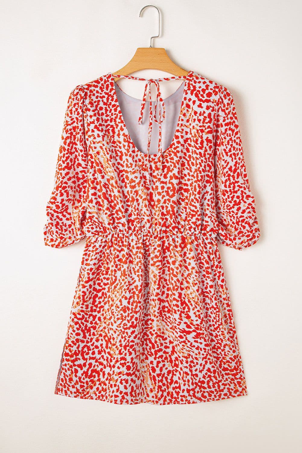 image-Leopard Print Long Sleeve Hollowed Back Mini Dress - Tomato Red