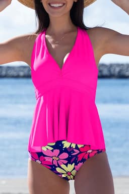 image-Rose Floral Tankini Set - V Neck Ruffled Hem Two-Piece Swimsuit