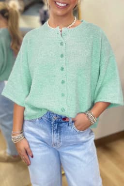 image-Moonlight Jade 3/4 Sleeve Boxy Knit Button Down Sweater Cardigan