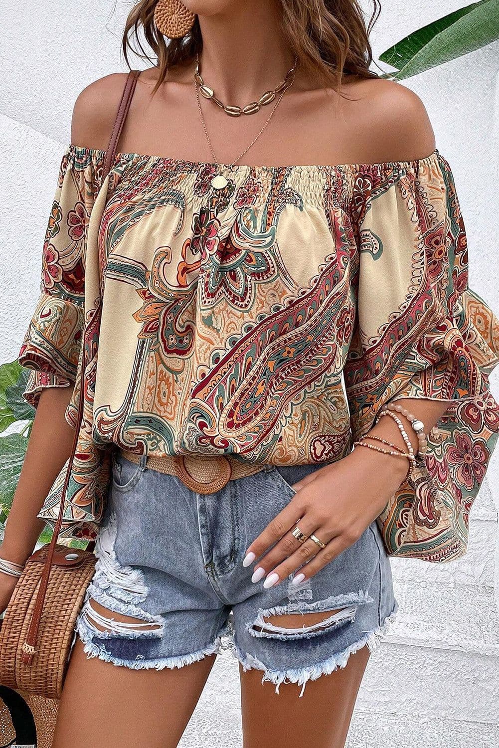 image-Apricot Paisley Off Shoulder Blouse - Ruffled Sleeves