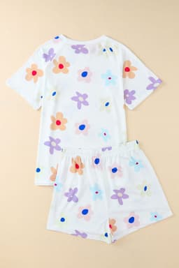 image-Pink Flower Print Short Sleeve High Waist Two Piece Shorts Set