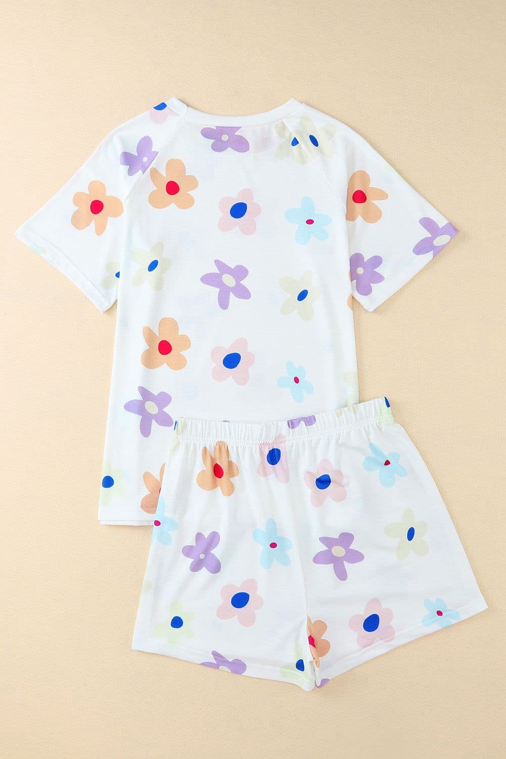 image-Pink Flower Print Short Sleeve High Waist Two Piece Shorts Set