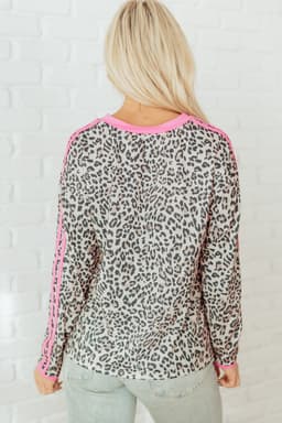 image-Khaki Leopard Print Contrast V Neck Varsity Stripe Detail Long Sleeve Top