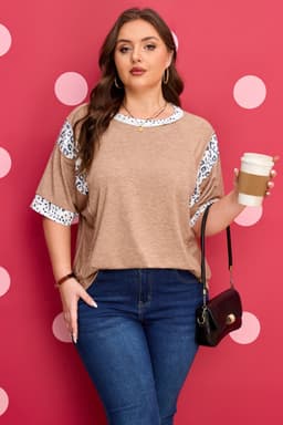 image-Chestnut Animal Color Block Patchwork Plus Size Tee