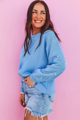 image-Blossom Pearled Sleeves Drop Shoulder Pullover Sweatshirt