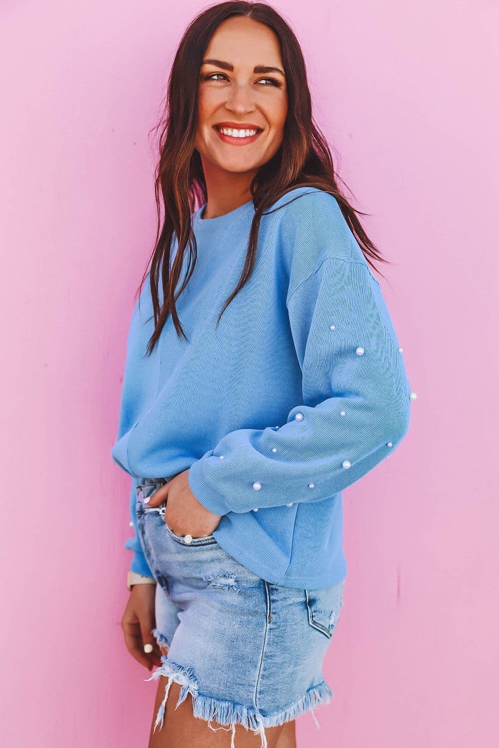 image-Blossom Pearled Sleeves Drop Shoulder Pullover Sweatshirt
