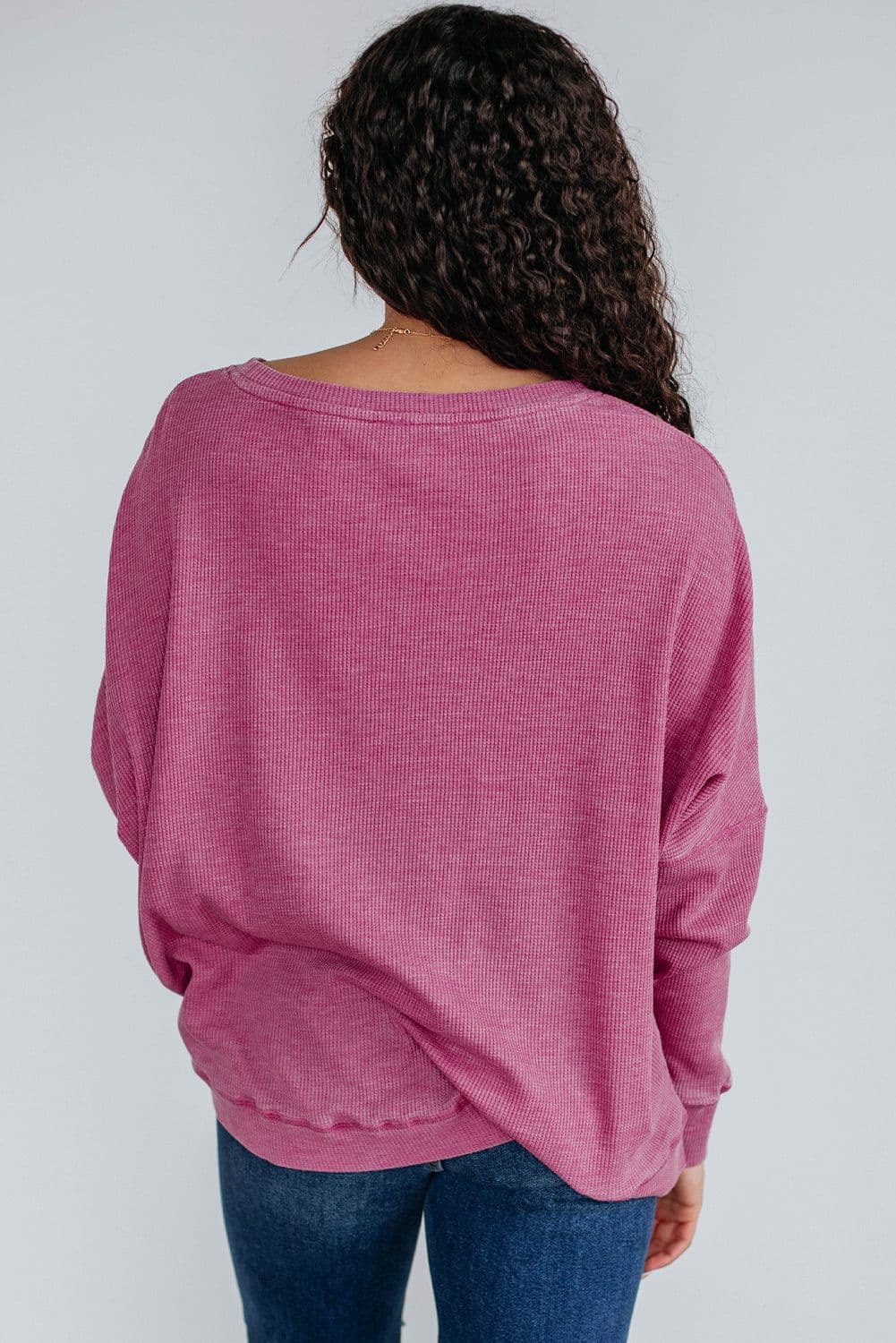 image-Bright Pink Waffle Knit Patchwork Long Sleeve Top