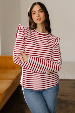 image-Red Stripe Ruffle Long Sleeve Top