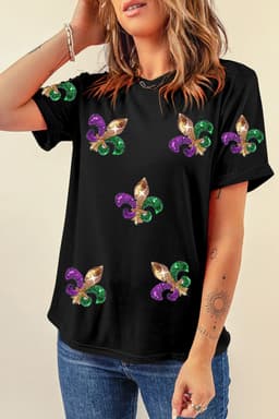 image-Mardi Gras Fleur De Lis Patched Crewneck T-Shirt Black