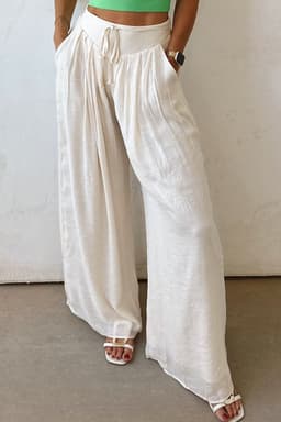 image-White Tie Waist Pleated Wide Leg Pants - Chic Casual Fit