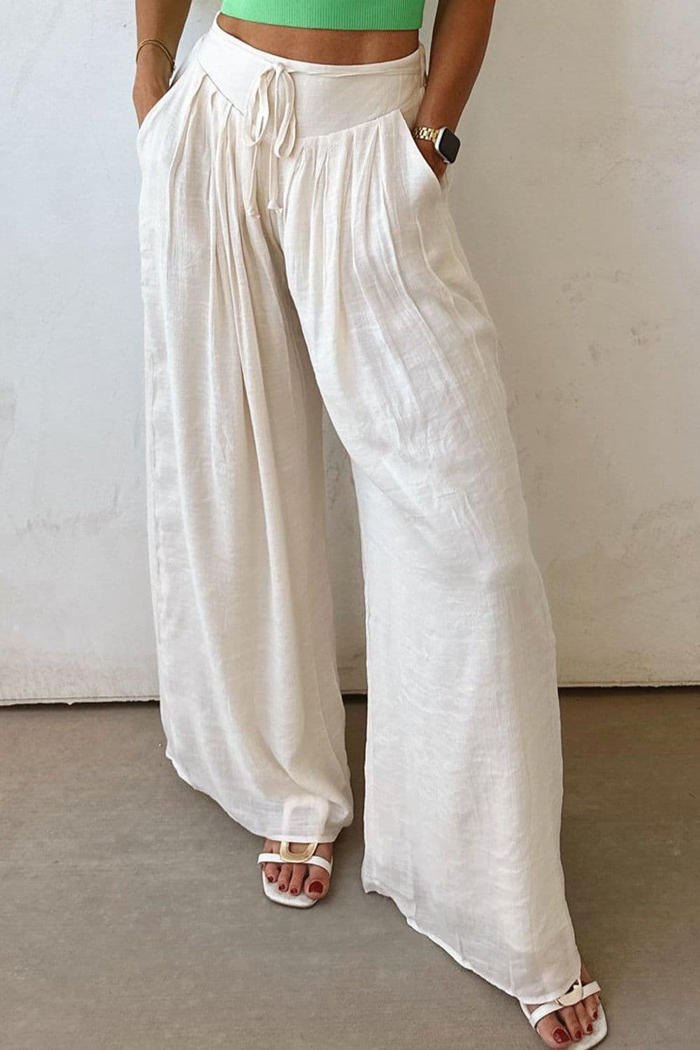 image-White Tie Waist Pleated Wide Leg Pants - Chic Casual Fit