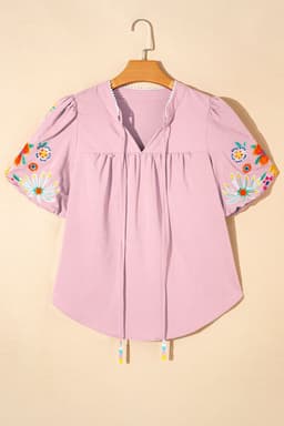 image-Pink Floral Embroidered Puff Sleeve Blouse with Split Neck & Tie Detail
