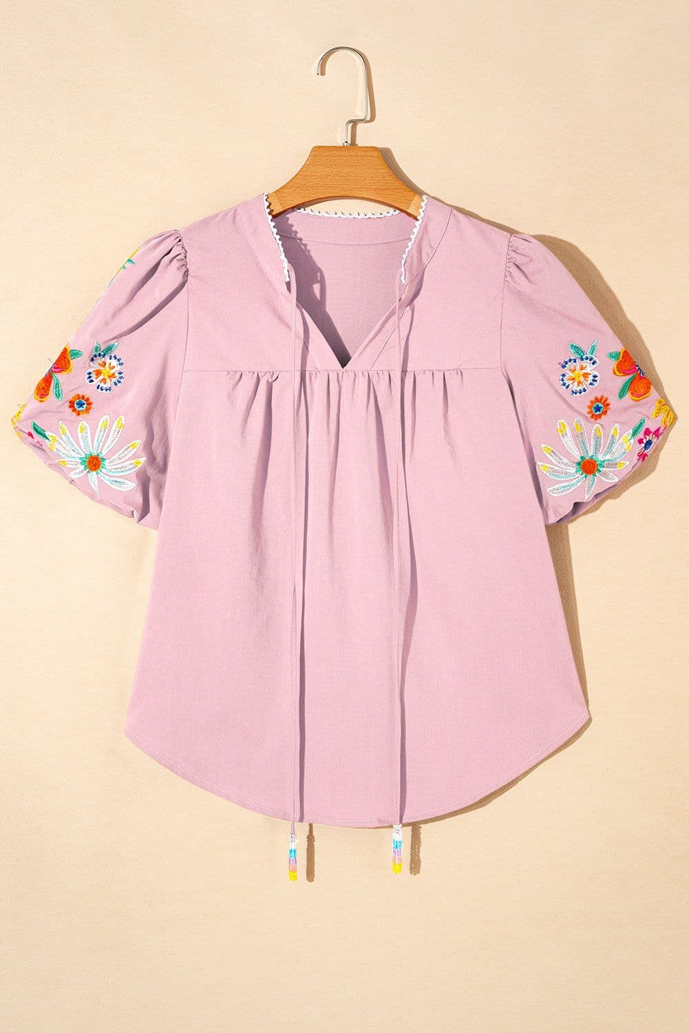image-Pink Floral Embroidered Puff Sleeve Blouse with Split Neck & Tie Detail