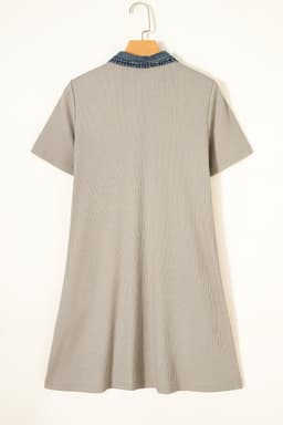 image-Ribbed Knit Denim Patchwork Polo Collar Dress - Beige Short Sleeve Casual Dress