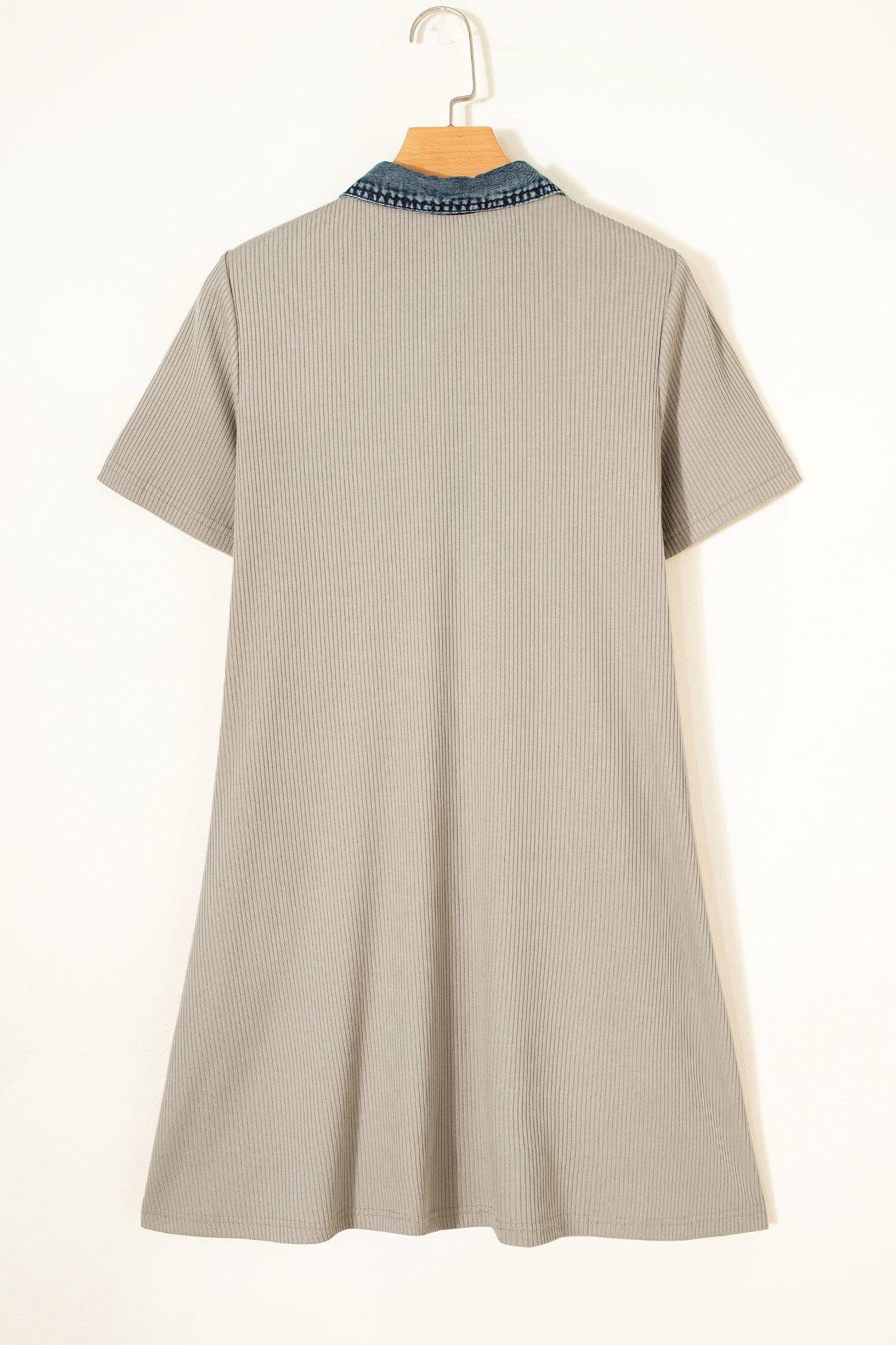 image-Ribbed Knit Denim Patchwork Polo Collar Dress - Beige Short Sleeve Casual Dress