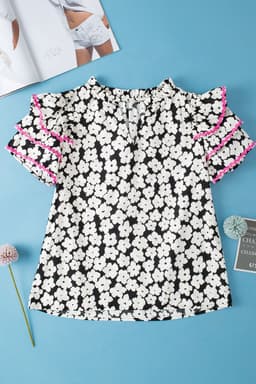 image-Pink Floral Ruffle Sleeve Blouse - Layered Contrast Ric Rac