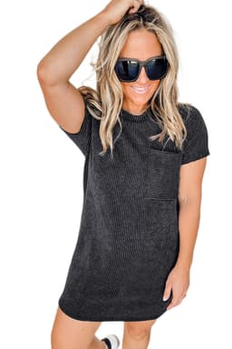 image-Blue Striped Ribbed Knit T-Shirt Shift Dress, Size Chart, Loose Fit, Fashionable Patch Pocket
