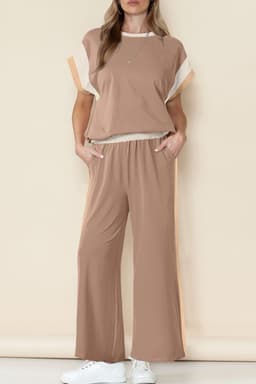 image-Navy Blue Color Block Detail Casual Two-piece Set