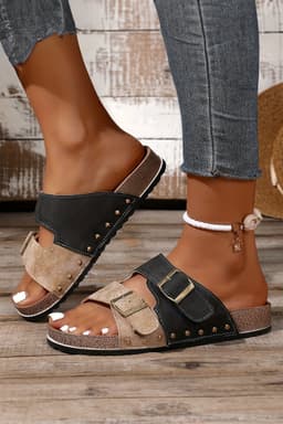 image-Coffee Leopard Two-tone Retro Buckle Slippers