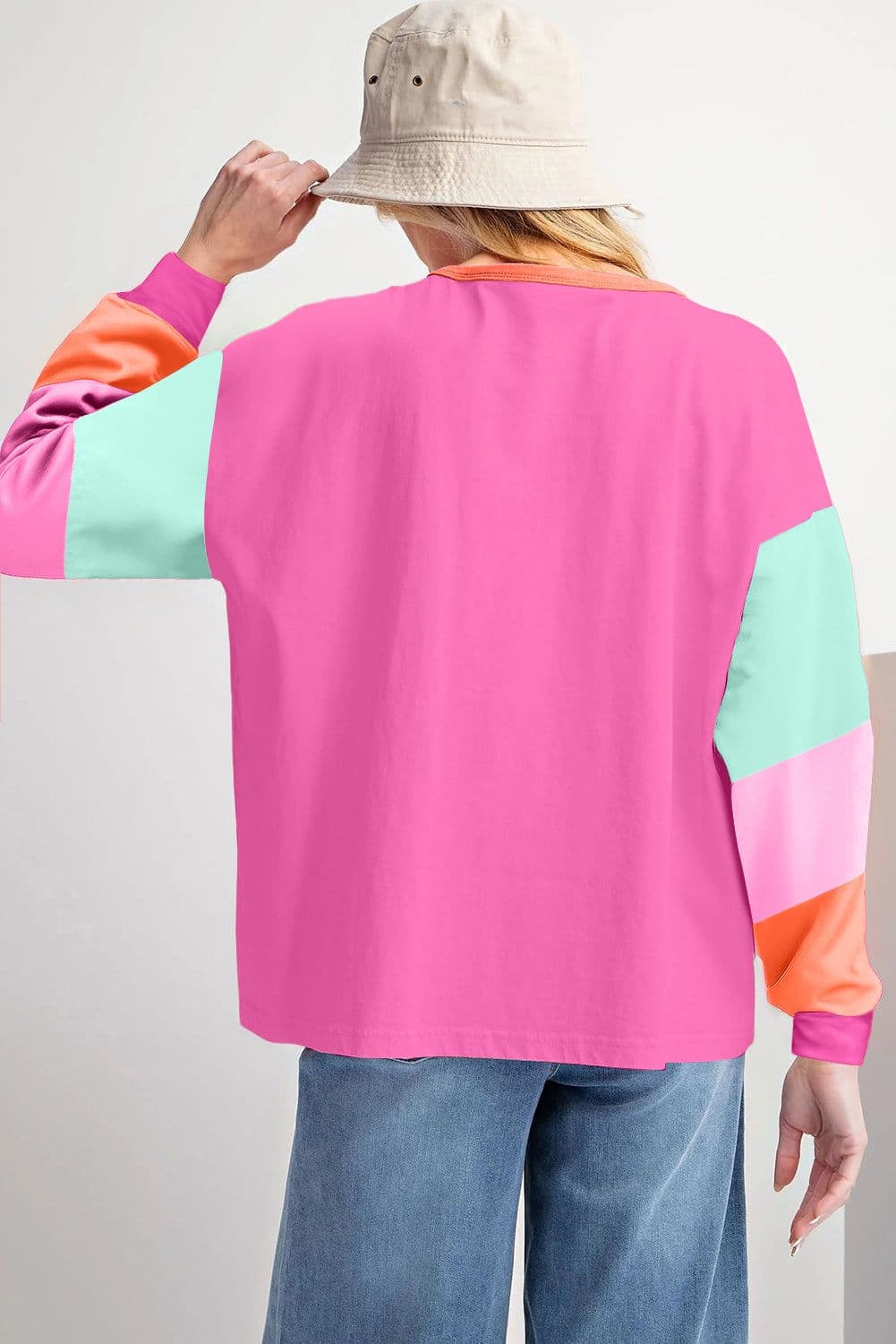 image-Dark Blue Colorblock Patchwork Long Sleeve Loose Top