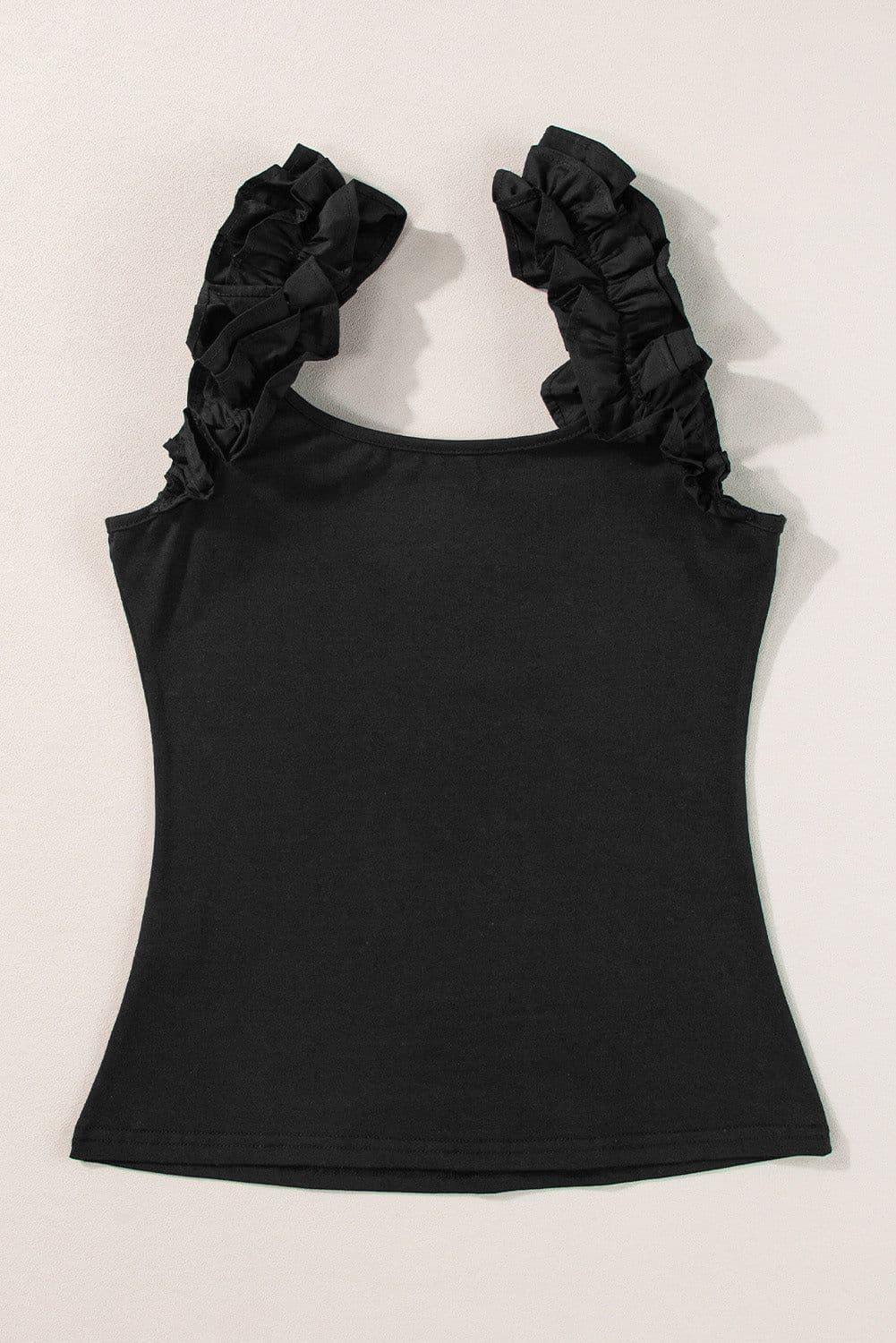 image-Black Ruffled Wide Straps Slim Tank Top