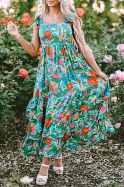 image-Green Floral Print Sleeveless Ruffle Tiered Maxi Dress