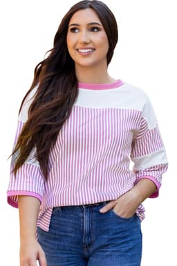 image-Phalaenopsis Striped Patchwork 3/4 Sleeve Top