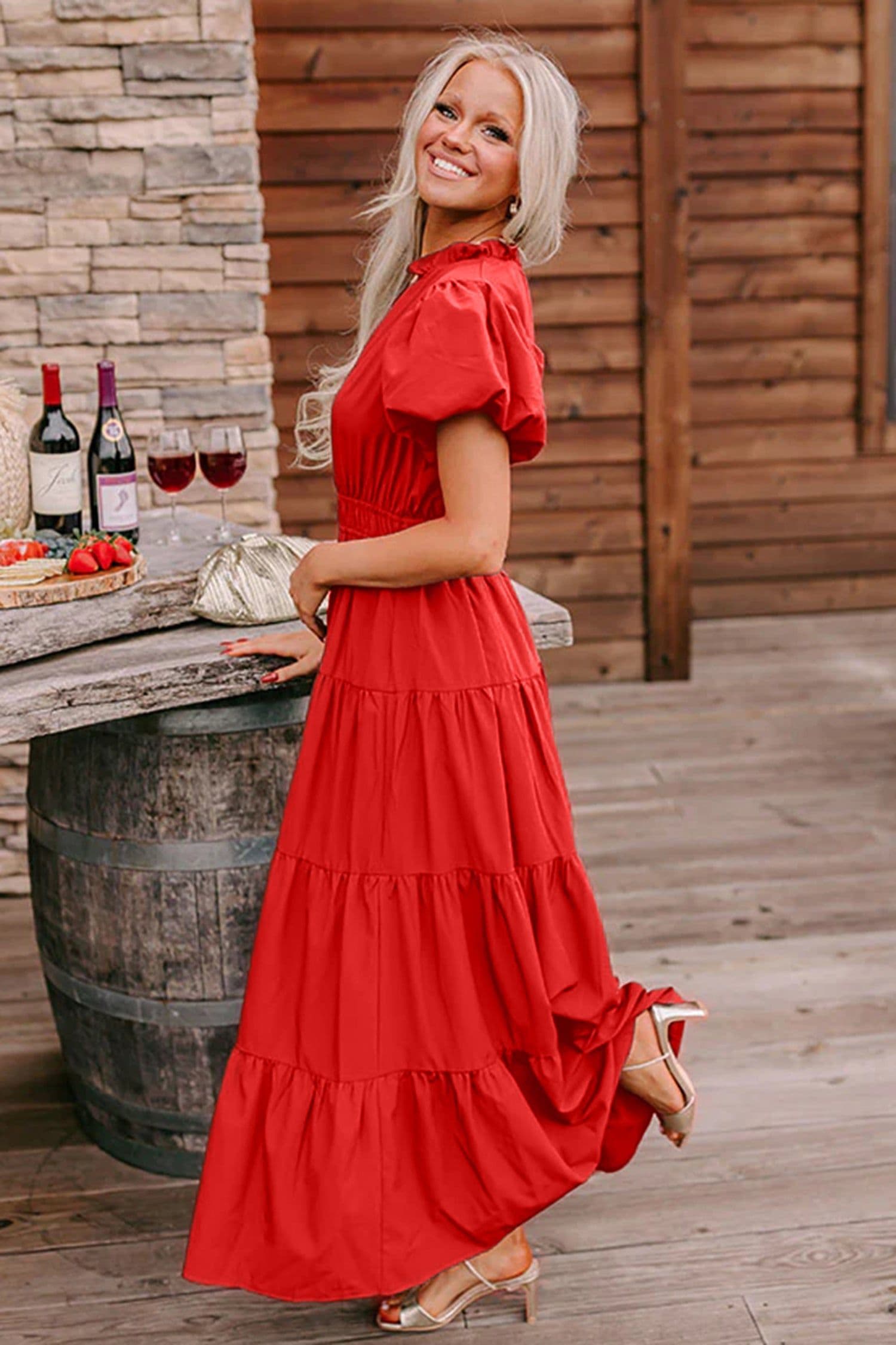 image-Bright Green V Neck Puff Sleeve High Waist Tiered Maxi