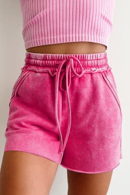 image-Sea Green Mineral Washed Drawstring Elastic Waist Raw Cut Shorts