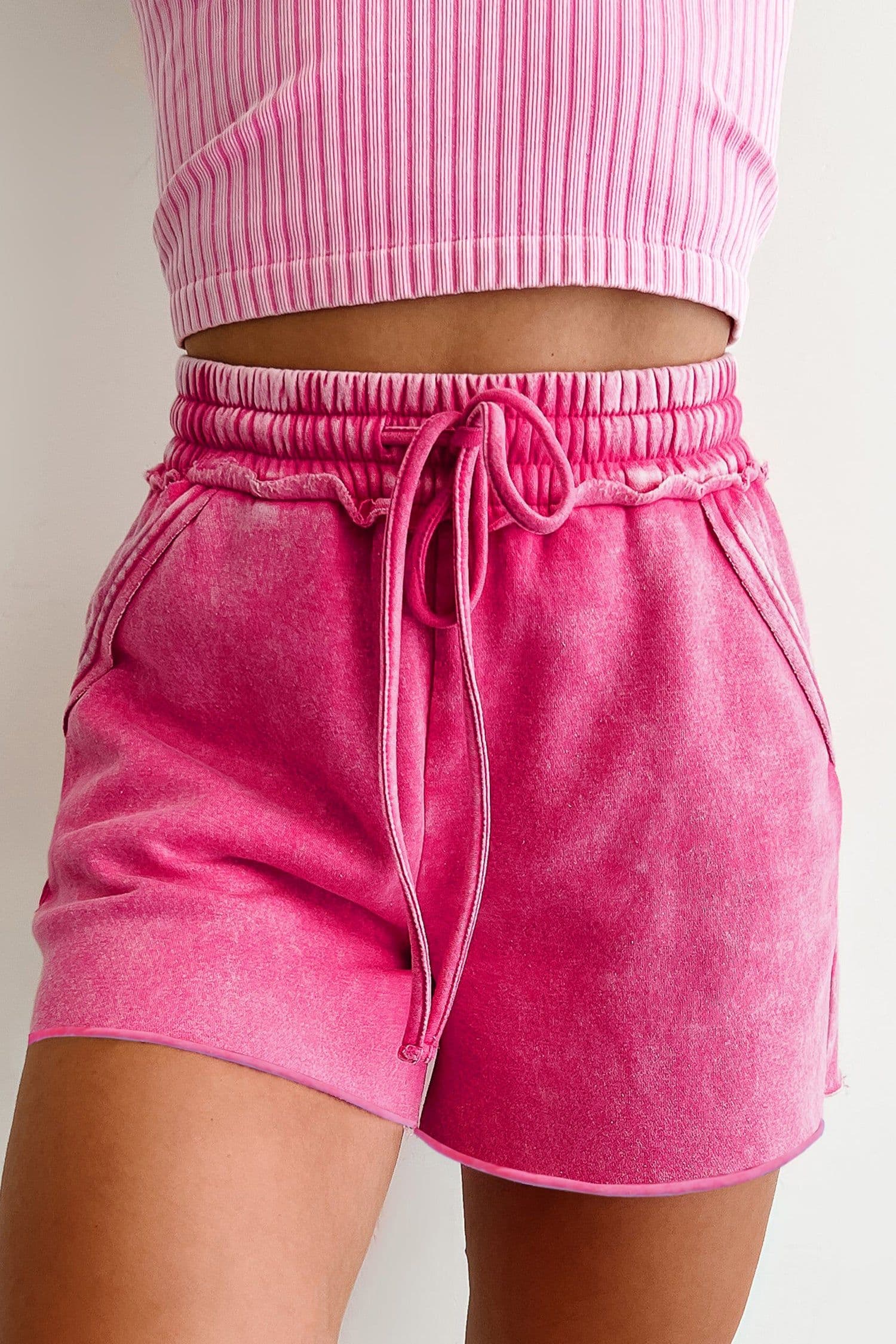 image-Sea Green Mineral Washed Drawstring Elastic Waist Raw Cut Shorts