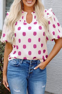 image-Rose Polka Dot Print Shirred Yoke Notched Neck Balloon Sleeve Blouse