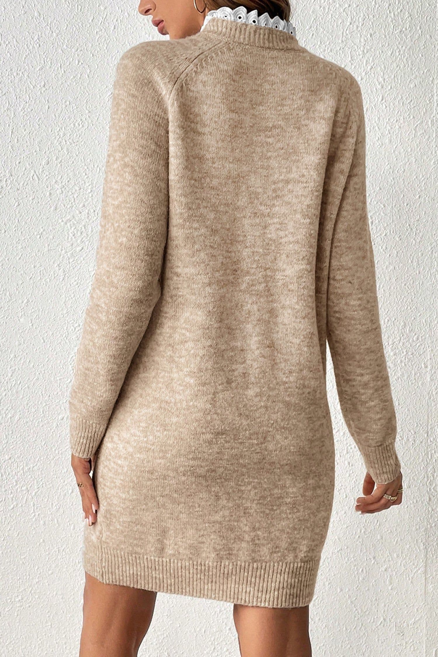 image-Parchment Button Lace Detail Raglan Sleeve Shift Mini Sweater Dress