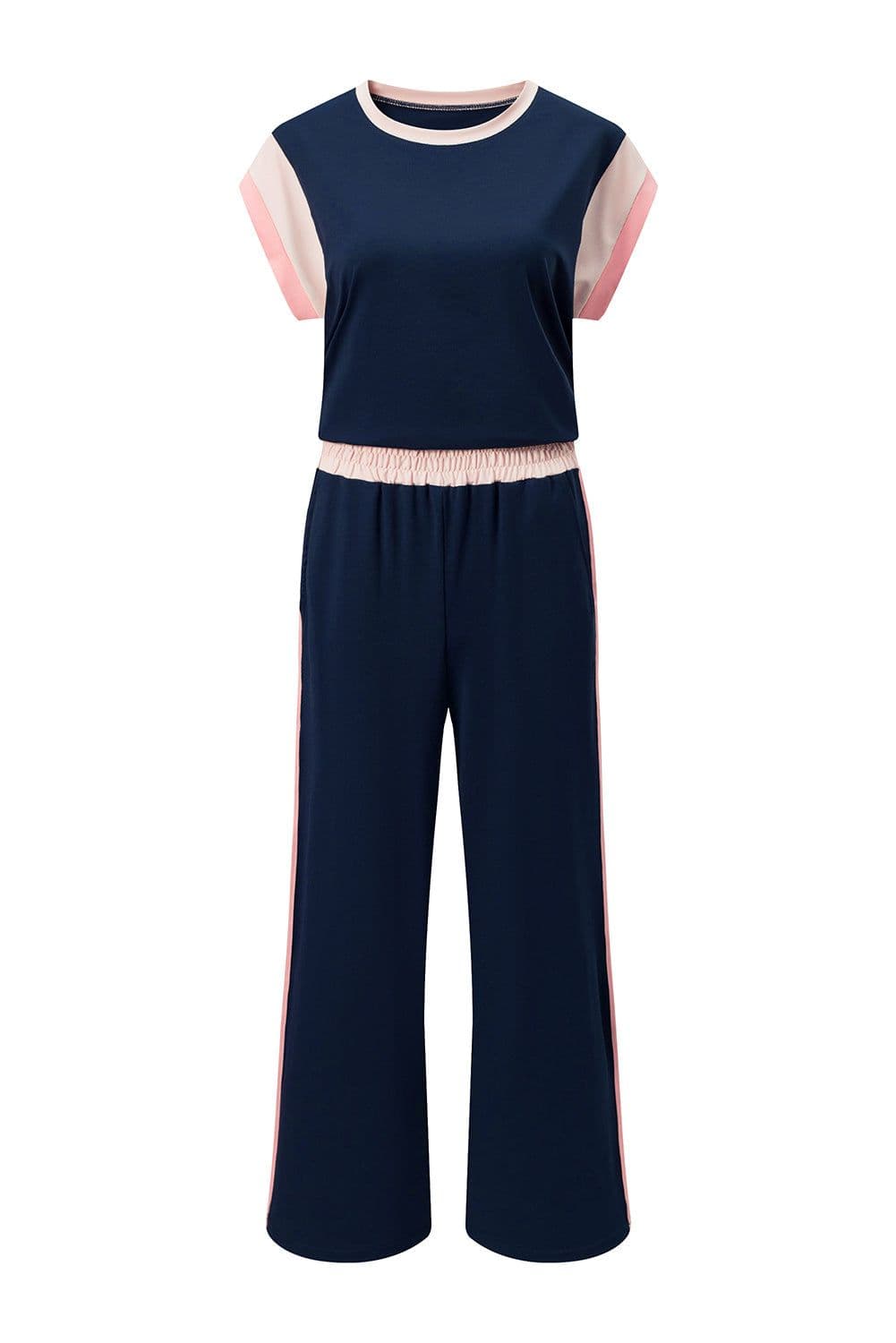 image-Navy Blue Color Block Detail Casual Two-piece Set
