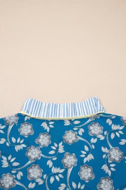 image-Blue Striped Trim Floral Dress Short Sleeve