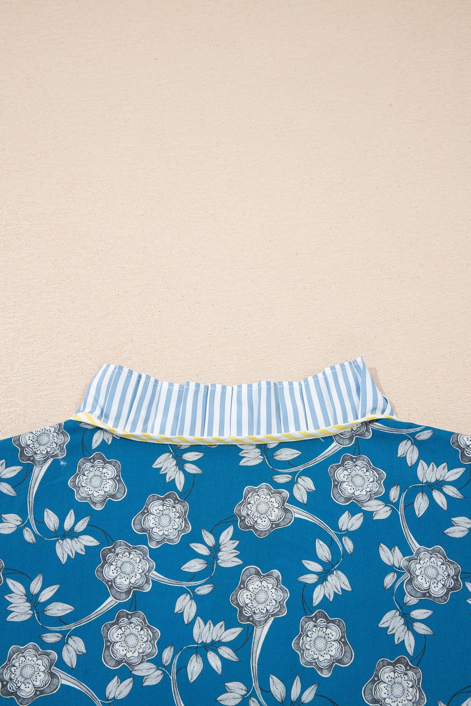 image-Blue Striped Trim Floral Dress Short Sleeve