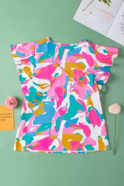image-Abstract Print Notched Neck Flutter Sleeve Blouse - Multicolour