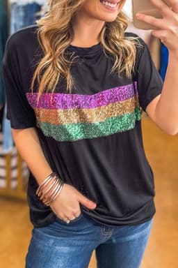 image-Black Sequin Stripes Patchwork Mardi Gras Crew Neck T Shirt